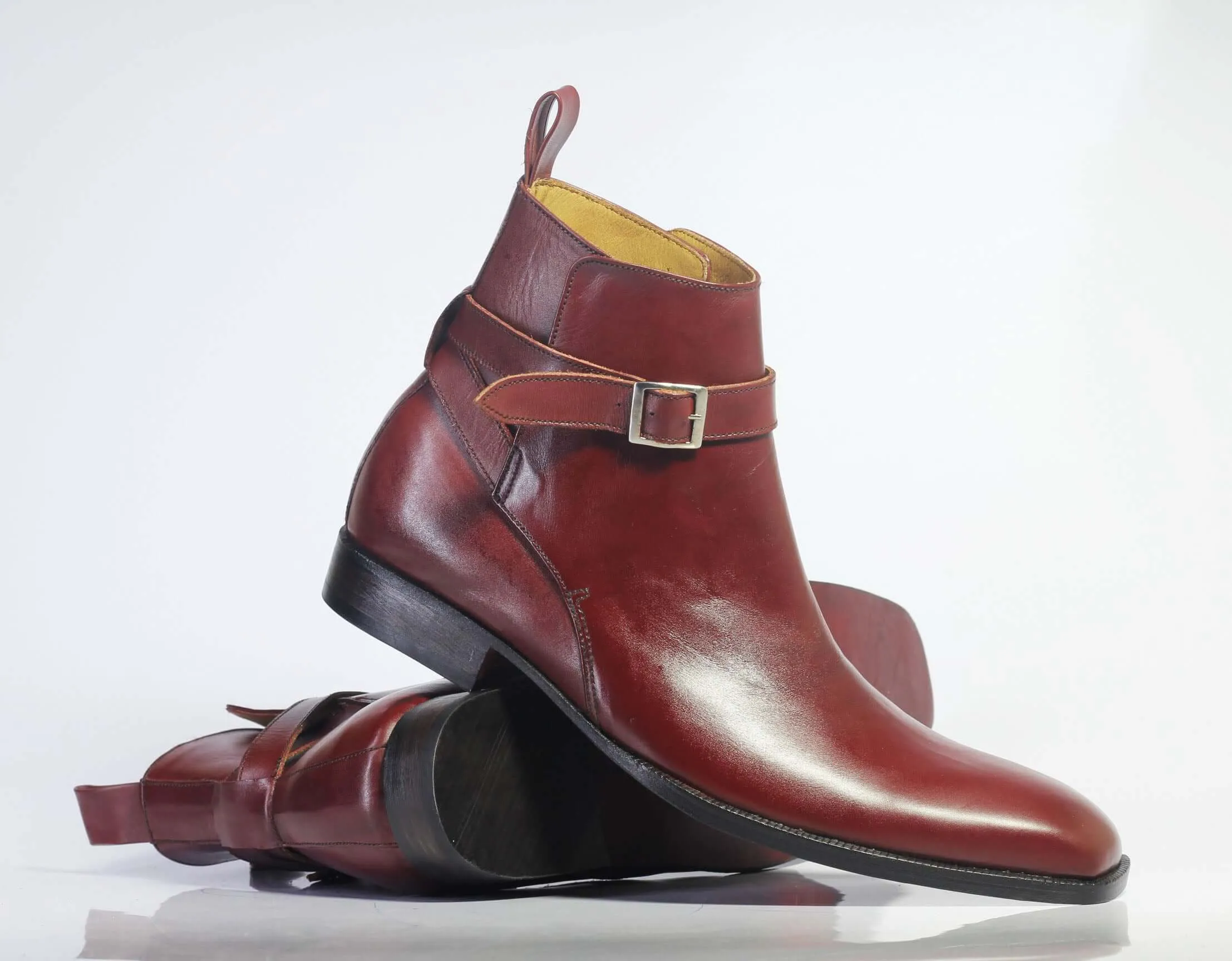 New Handmade Men's Burgundy Leather Jodhpur Strap Boots, Men Ankle Boots, Men Fashion Boots