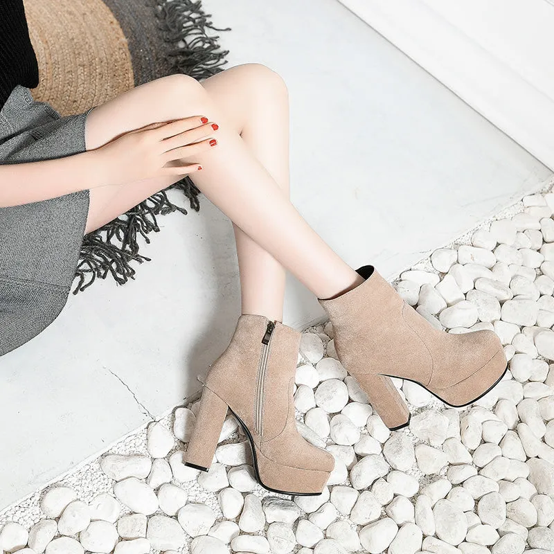 New Thick High Heel Flock Platform Zip Ankle Boots