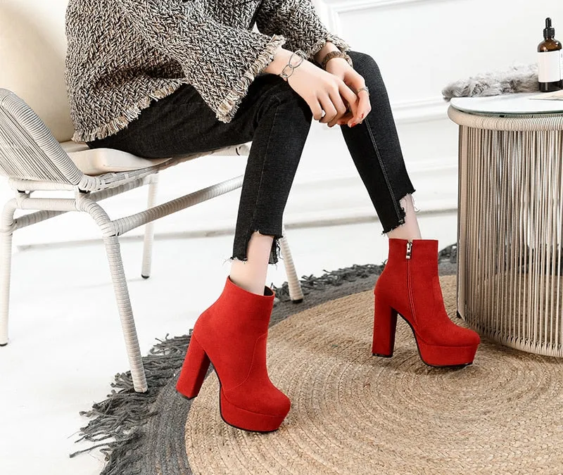 New Thick High Heel Flock Platform Zip Ankle Boots