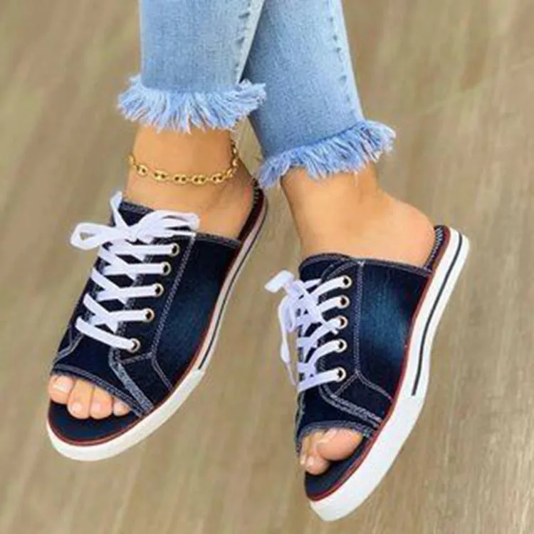 Open Toe Lace-Up Casual Denim Sandals