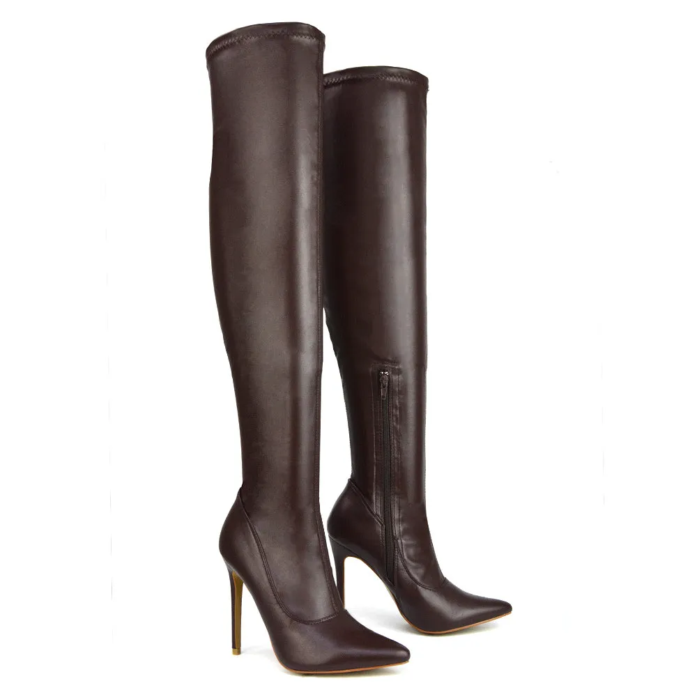 PIPER OVER THE KNEE ZIP UP THIGH HIGH STILETTO HEELED BOOTS IN BROWN SYNTHETIC LEATHER