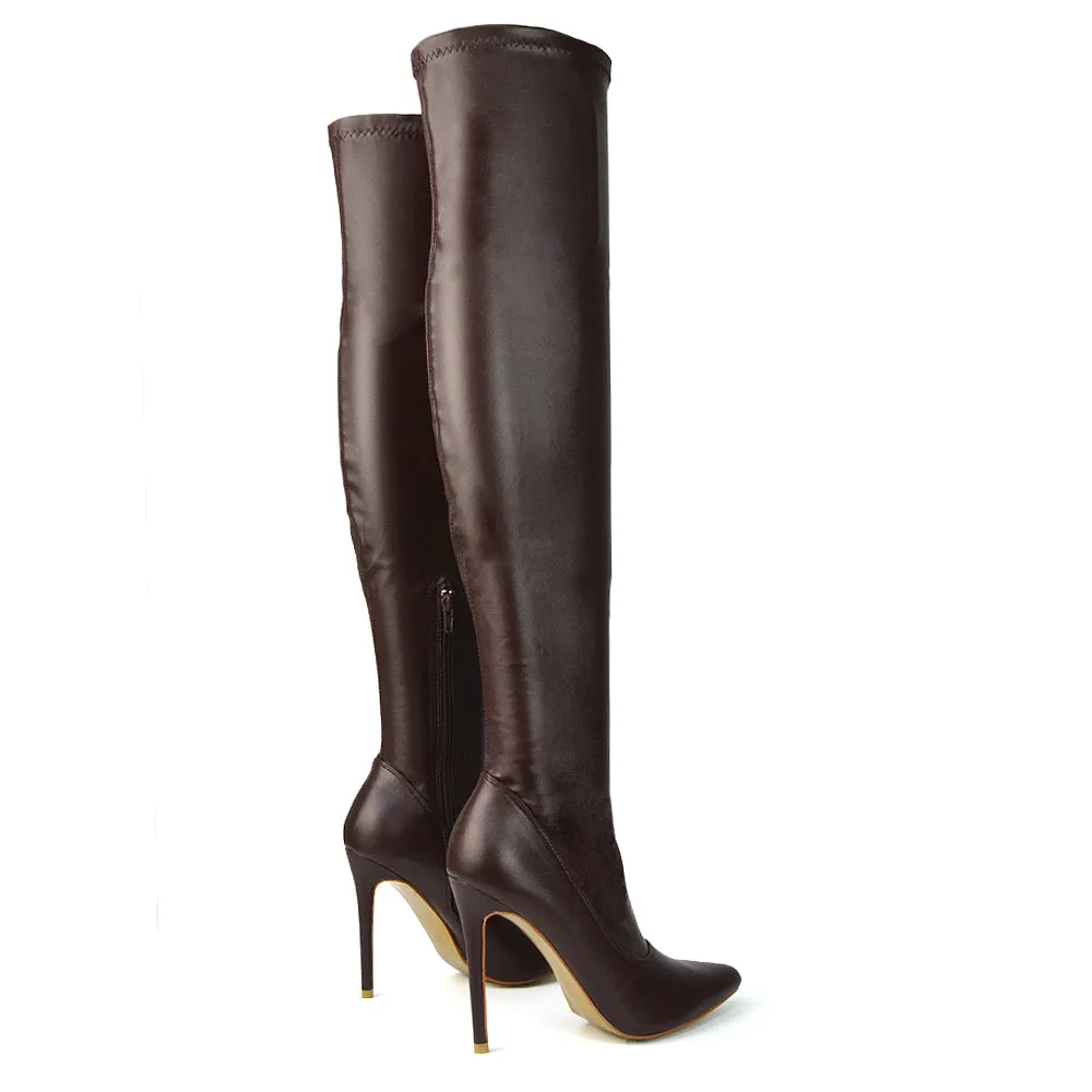 PIPER OVER THE KNEE ZIP UP THIGH HIGH STILETTO HEELED BOOTS IN BROWN SYNTHETIC LEATHER