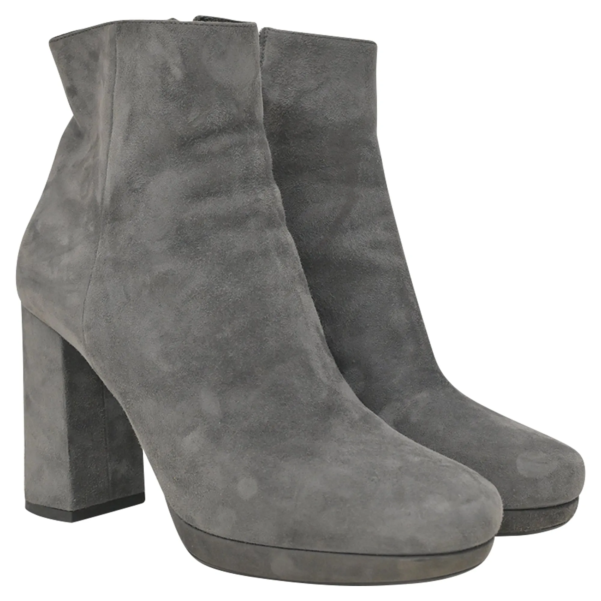 Prada Block Heel Ankle Boots in Grey Suede