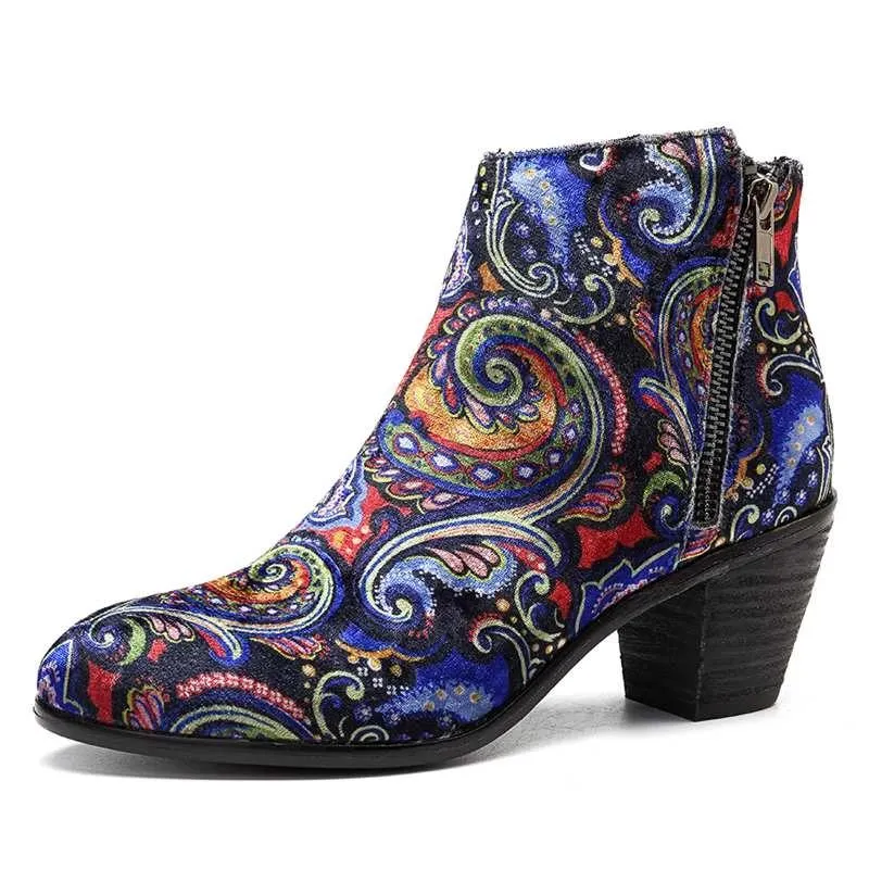 Printed Floral Design Women's Heels Winter Western Ankle Boots