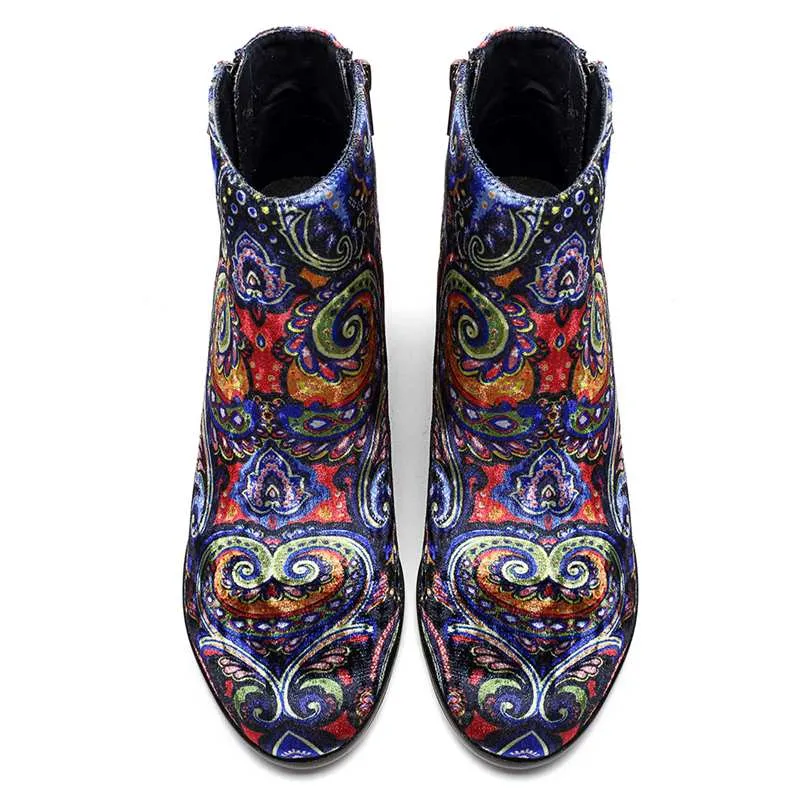 Printed Floral Design Women's Heels Winter Western Ankle Boots