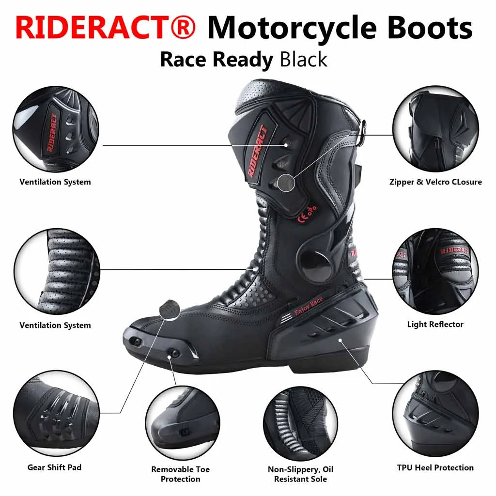 RIDERACT® Mens Road Motorcycle Boots Black Ready Sports Race Boots