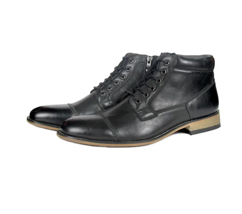 Rounded Cap Toe Lace Up Men Leather Winter Boots