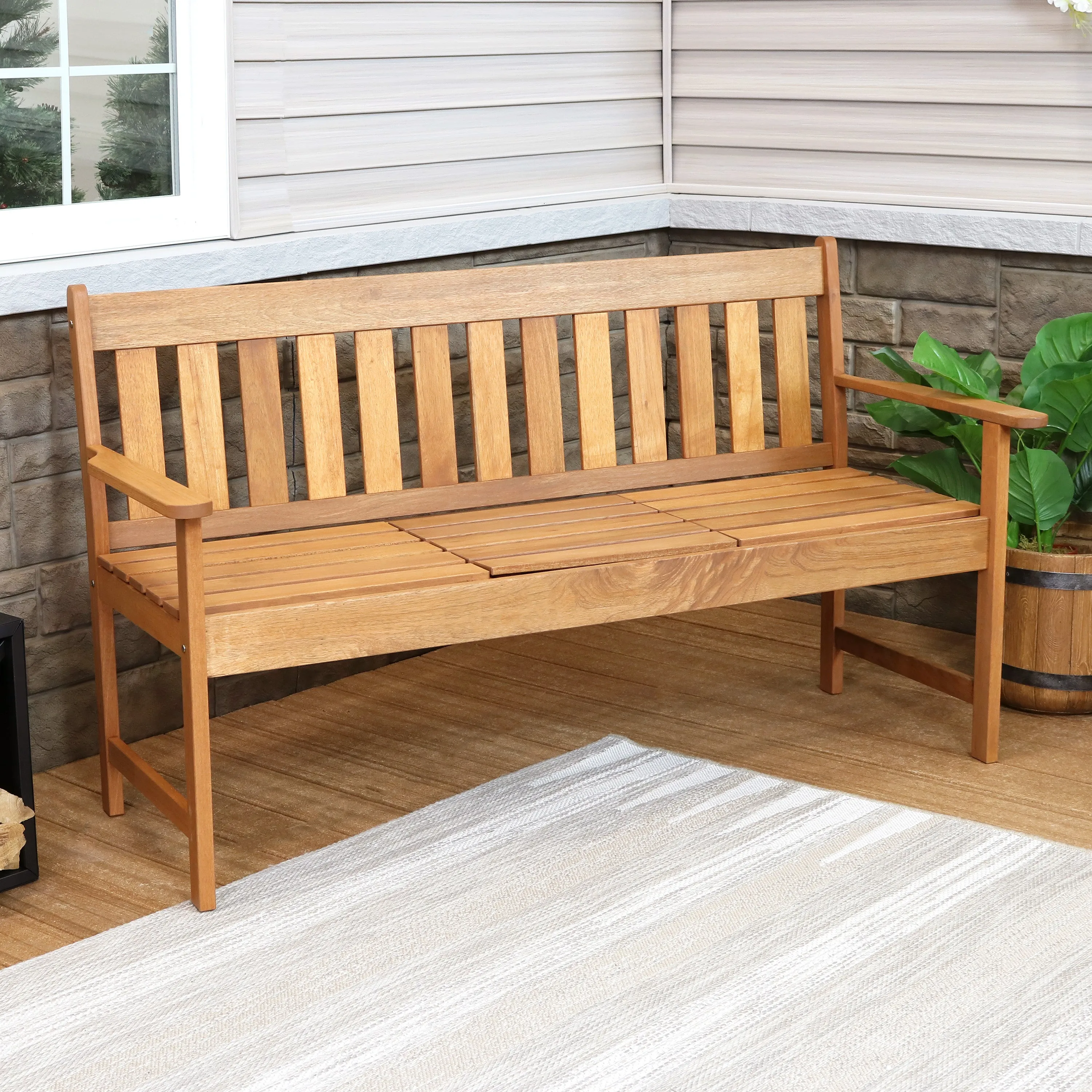 Sunnydaze Meranti Wood Outdoor Occasional Bench with Teak Oil Finish