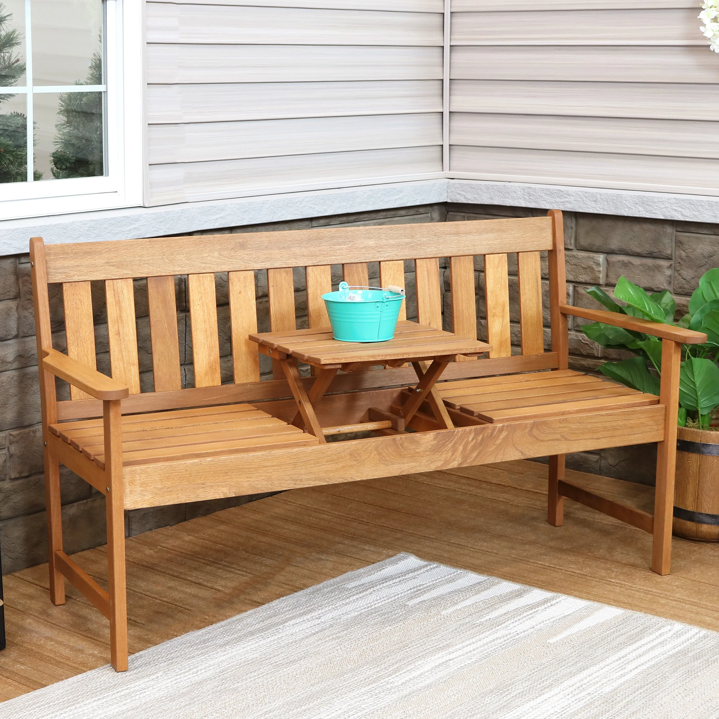 Sunnydaze Meranti Wood Outdoor Occasional Bench with Teak Oil Finish