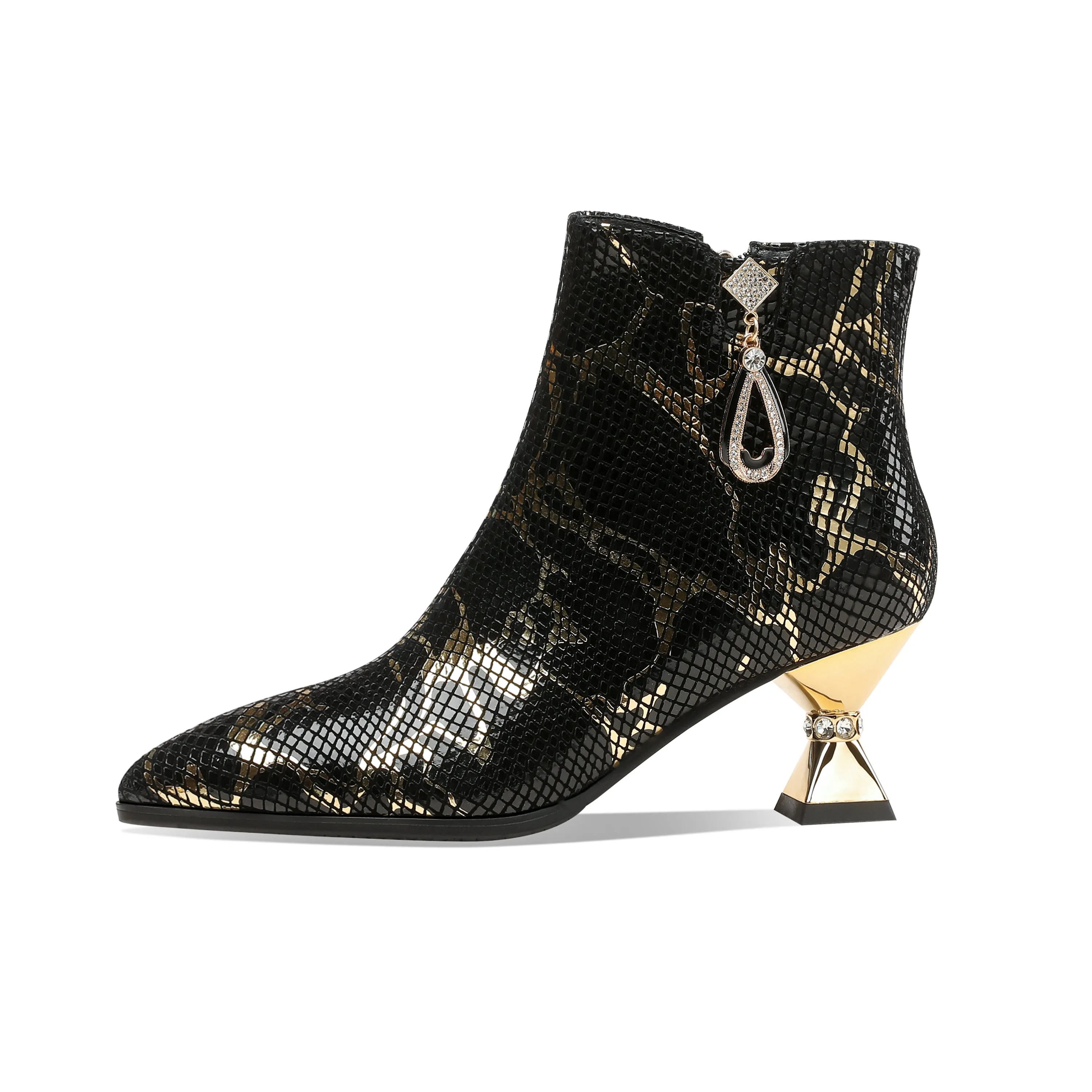 TinaCus Handmade Women's Assorted Color Genuine Leather Rhinestones Printed Snakeskin Side Zipper Pointed Toe Mid Spool Heel Ankle Boots