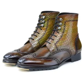 Wingtip Lace Up Boots- Croc Olive