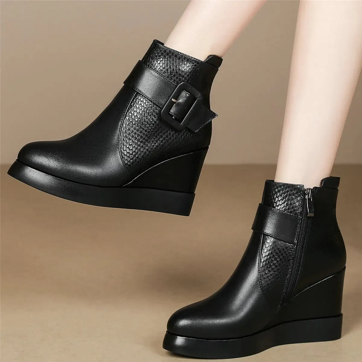 Winter Platform Shoes Women Genuine Leather Wedges High Heel Ankle Boots Female Pointed Toe Fashion Casual Shoes