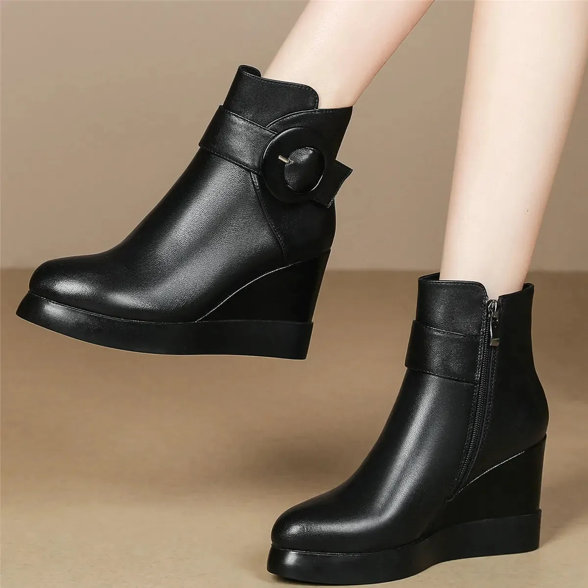 Winter Platform Shoes Women Genuine Leather Wedges High Heel Ankle Boots Female Pointed Toe Fashion Casual Shoes