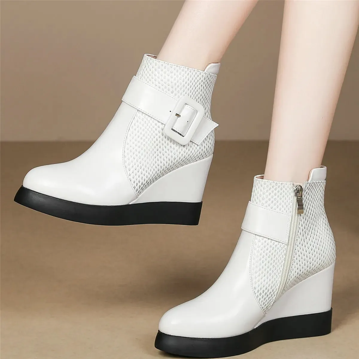 Winter Platform Shoes Women Genuine Leather Wedges High Heel Ankle Boots Female Pointed Toe Fashion Casual Shoes