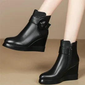 Winter Platform Shoes Women Genuine Leather Wedges High Heel Ankle Boots Female Pointed Toe Fashion Casual Shoes