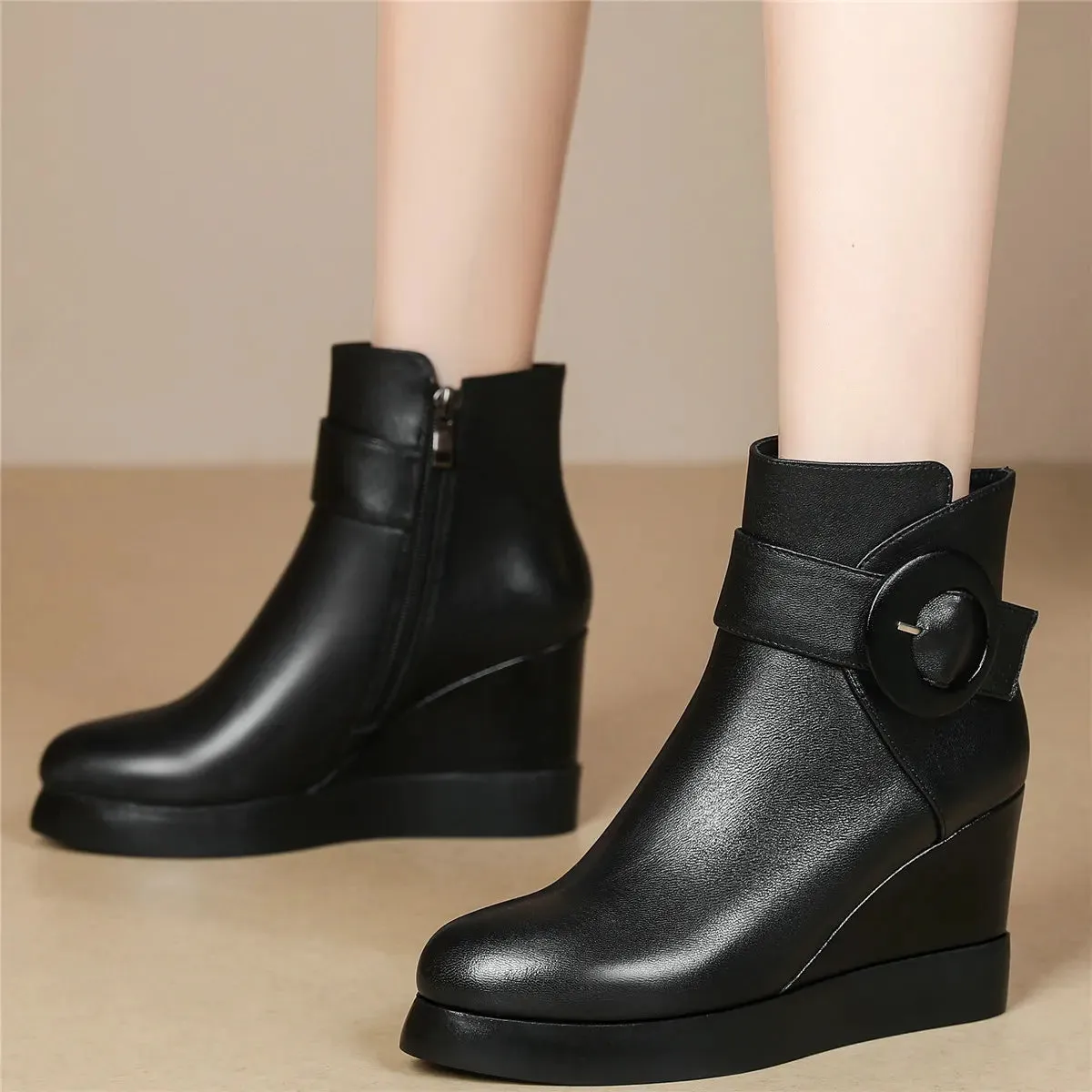 Winter Platform Shoes Women Genuine Leather Wedges High Heel Ankle Boots Female Pointed Toe Fashion Casual Shoes