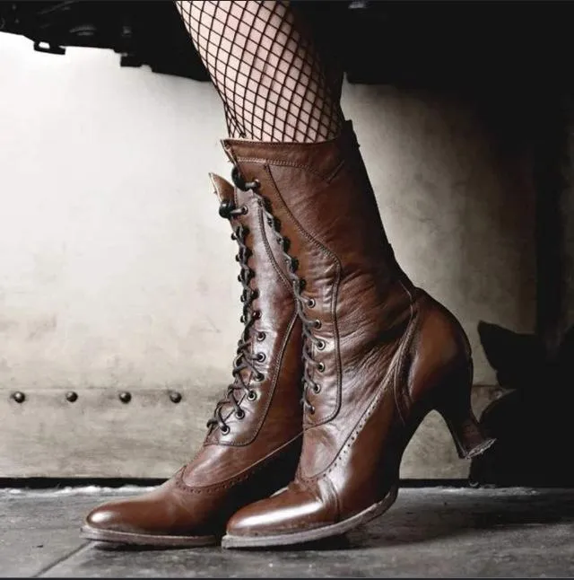 Women chunky heel pointed toe England style lace up mid calf boots