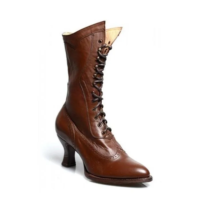 Women chunky heel pointed toe England style lace up mid calf boots