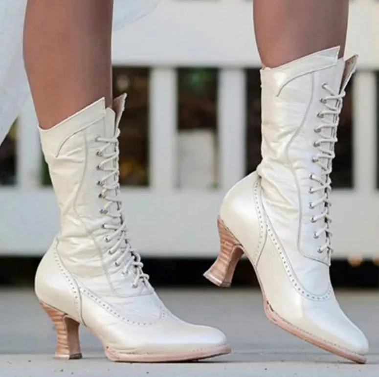 Women chunky heel pointed toe England style lace up mid calf boots