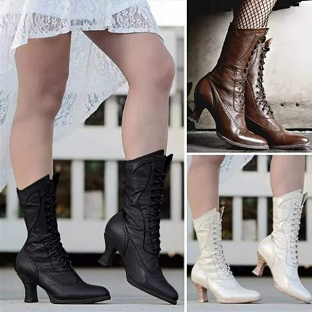 Women chunky heel pointed toe England style lace up mid calf boots