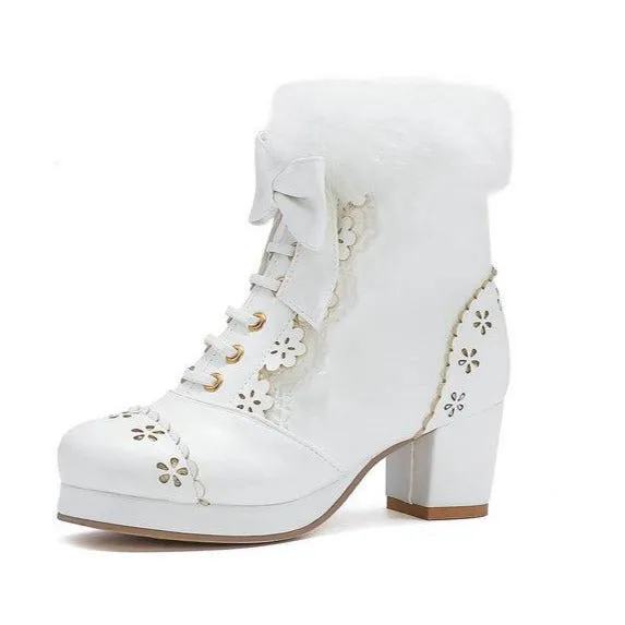 Women cute bowknot lace up hollow flower heeled faux fur short winter boots