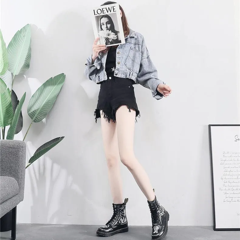 Women letters cartoon printed chunky platform lace up motorcyle boots