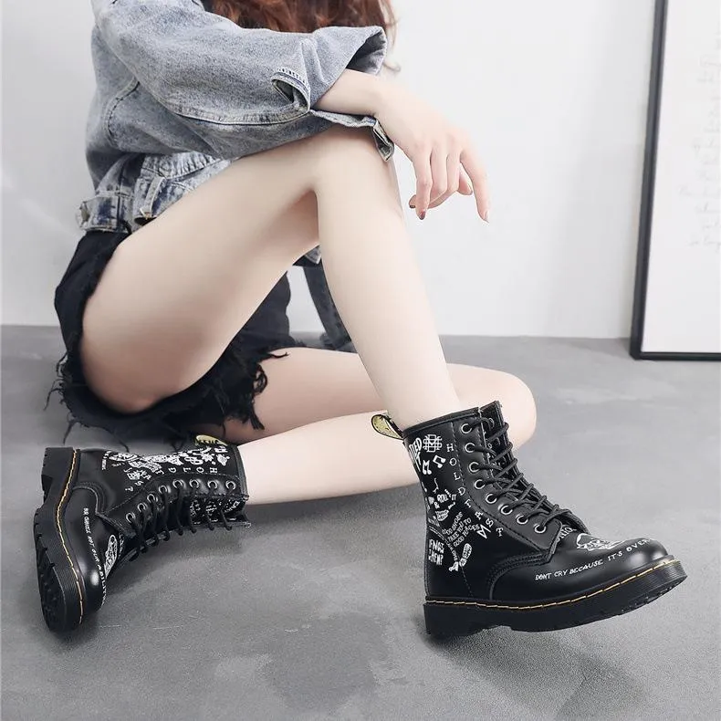 Women letters cartoon printed chunky platform lace up motorcyle boots