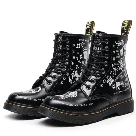 Women letters cartoon printed chunky platform lace up motorcyle boots