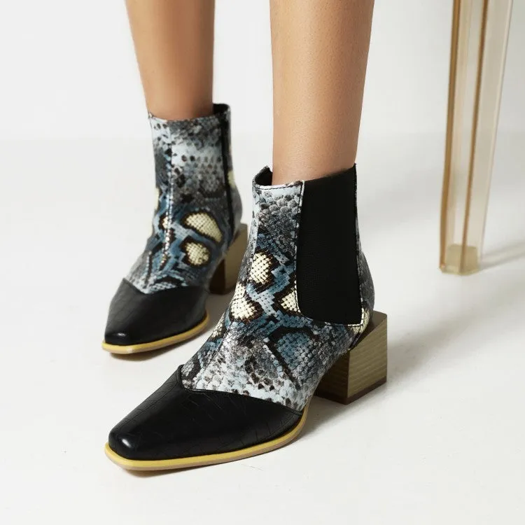 Women's Animal Pattern Patchwork Pointed Toe Block Heel Short Boots