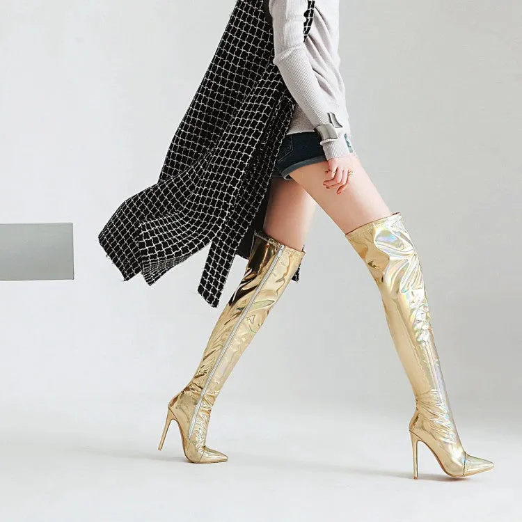 Women's Bling Bling Pointed Toe Side Zippers Stiletto Heel Over the Knee Boots