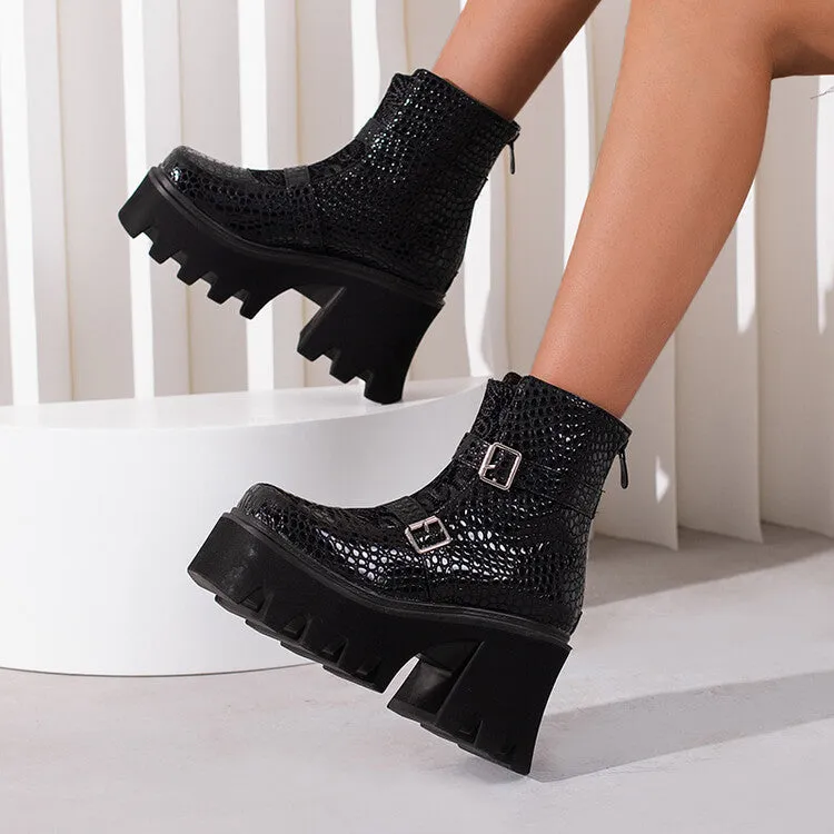 Women's Embossed Leather Buckle Straps Block Heel Platform Short Boots