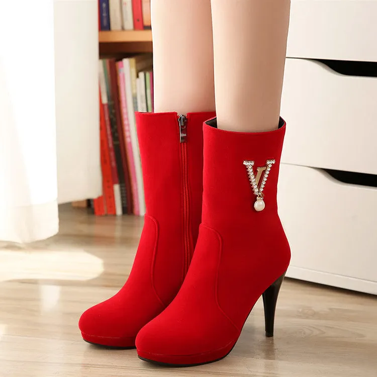 Women's Flock Round Toe Side Zippers Rhinestone Pearls Cone Heel Platform Short Boots