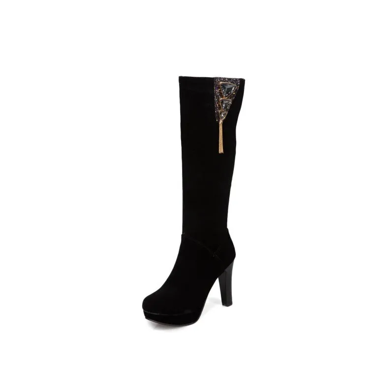 Women's Flock Side Zippers Rhinestone Block Chunky Heel Platform Knee High Boots