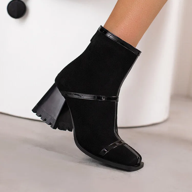 Women's Flock Square Toe Block Heel Short Boots