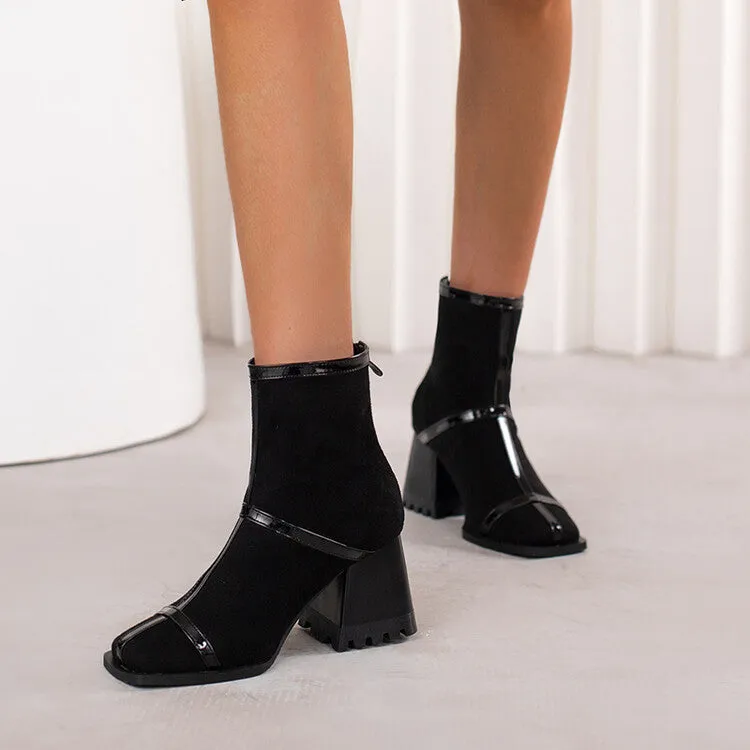 Women's Flock Square Toe Block Heel Short Boots