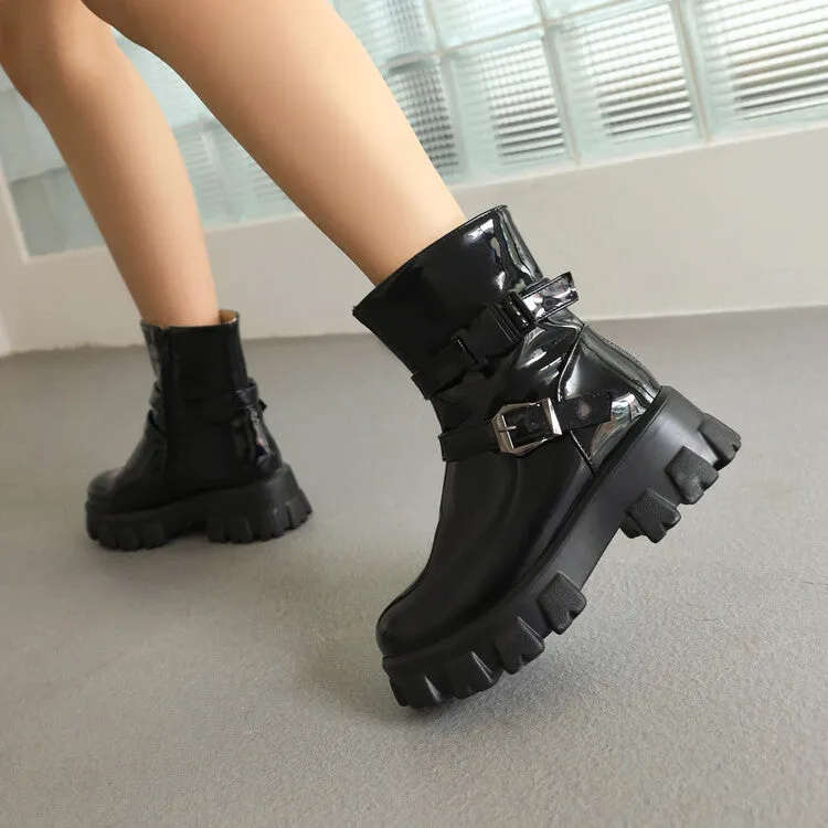 Women's Glossy Round Toe Side Zippers Buckle Straps Block Chunky Heel Platform Short Boots