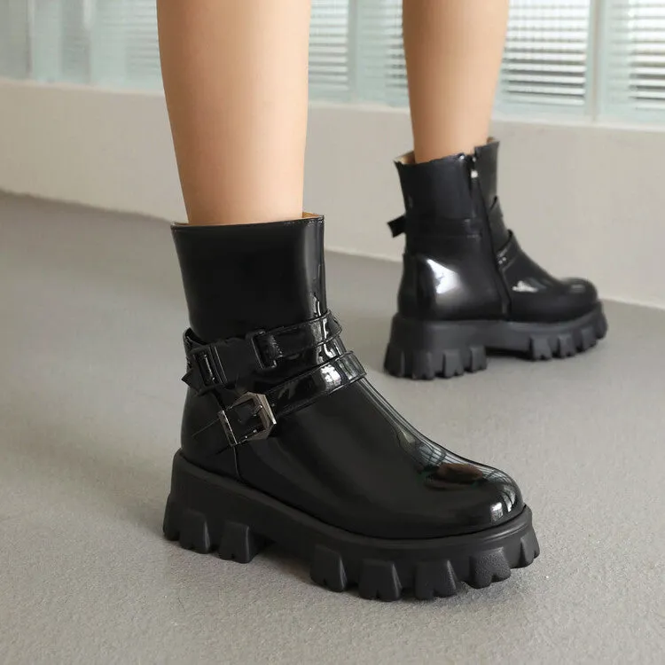 Women's Glossy Round Toe Side Zippers Buckle Straps Block Chunky Heel Platform Short Boots