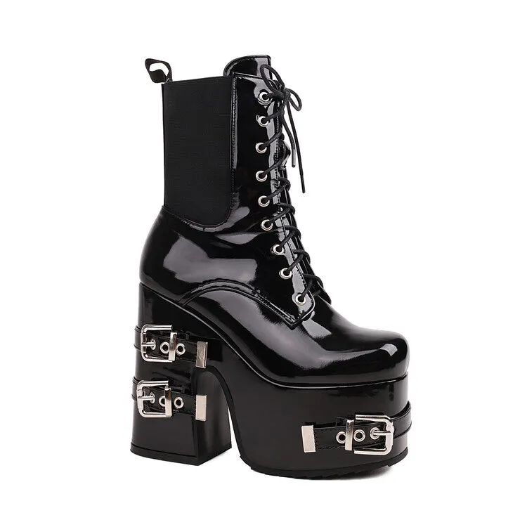 Women's Glossy Square Toe Lace Up Stretch Buckle Straps Block Chunky Heel Platform Short Boots