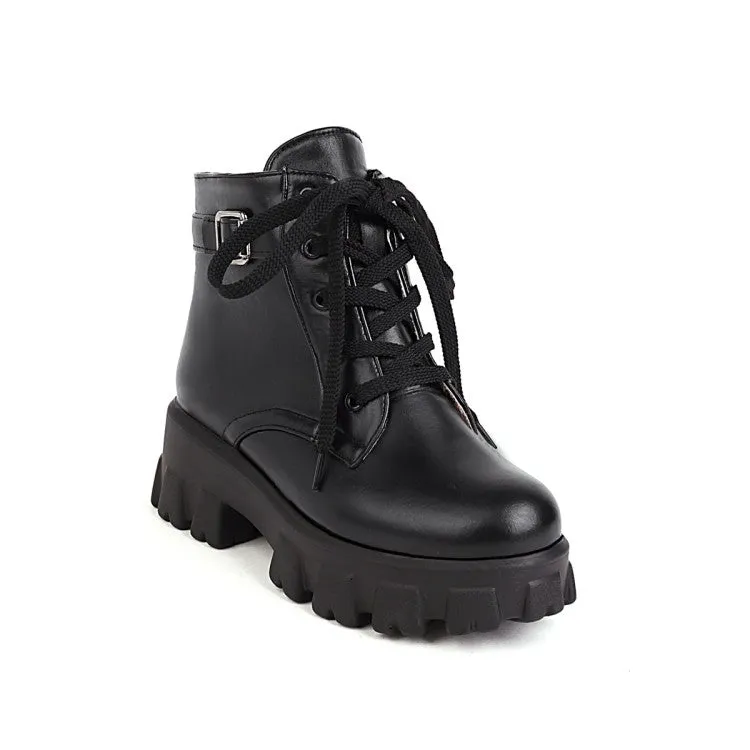 Women's Lace Up Buckle Lace Up Block Heel Platform Short Boots