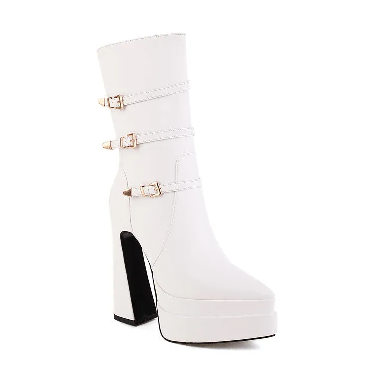 Women's Pointed Toe Buckle Straps Side Zippers Spool Heel Platform Mid Calf Boots