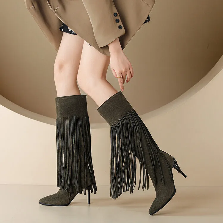 Women's Pointed Toe Tassel Stiletto Heel Knee-High Boots