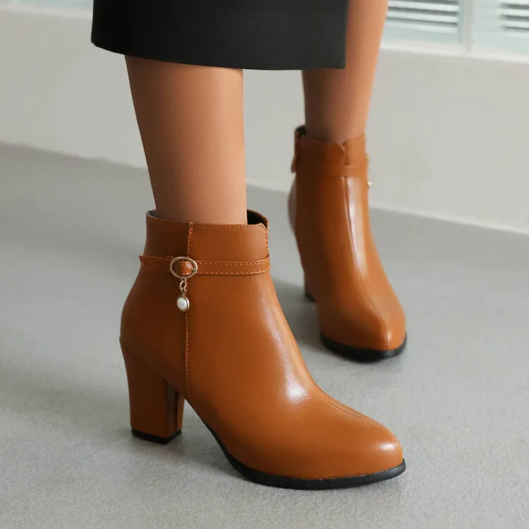 Women's Pu Leather Buckle Straps Block Chunky Heel Side Zippers Short Boots