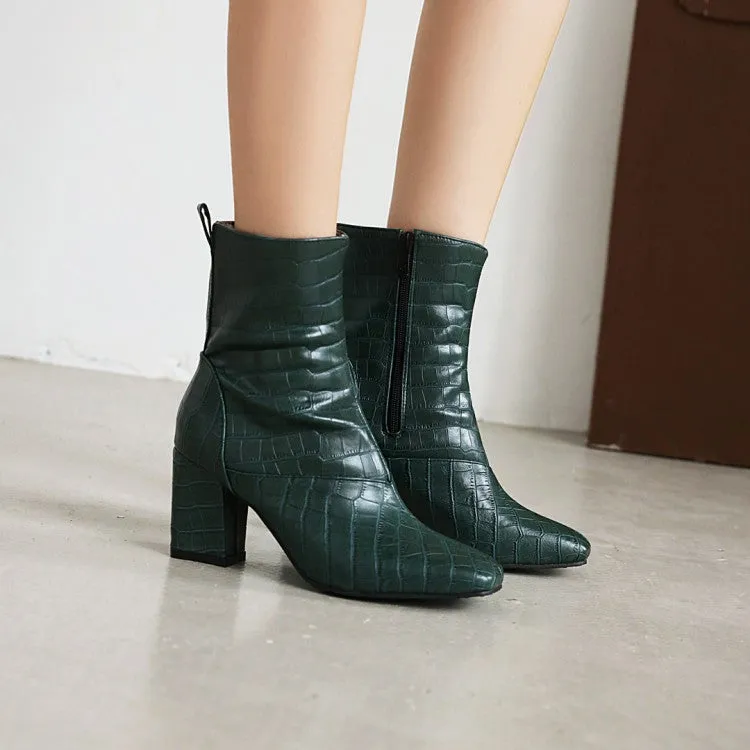 Women's Pu Leather Crocodile Pattern Side Zippers Block Heel Short Boots