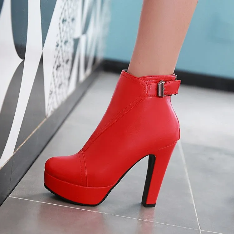 Women's Pu Leather Round Toe Stitching Belts Buckles Chunky Heel Platform Short Boots