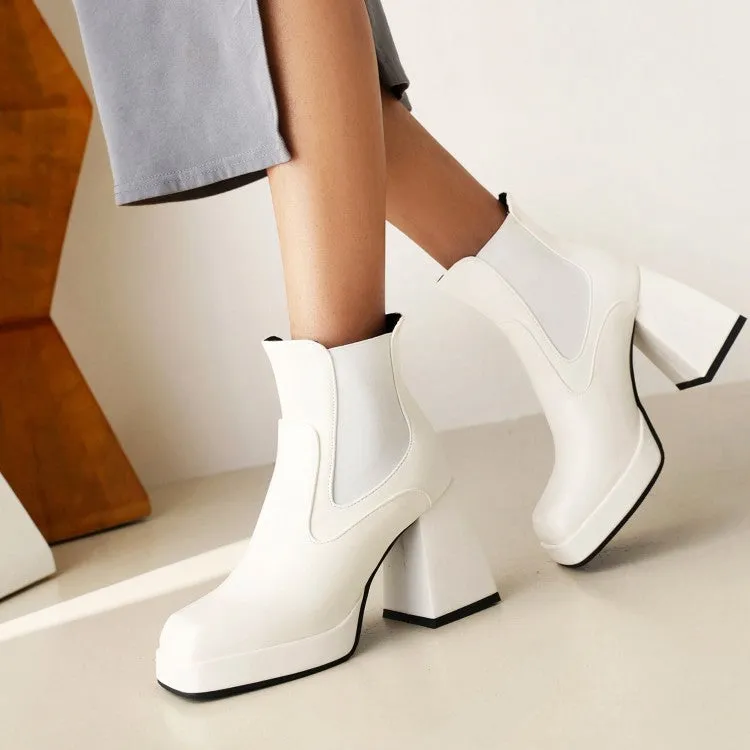 Women's Pu Leather Square Toe Patchwork Block Heel Platform Short Boots