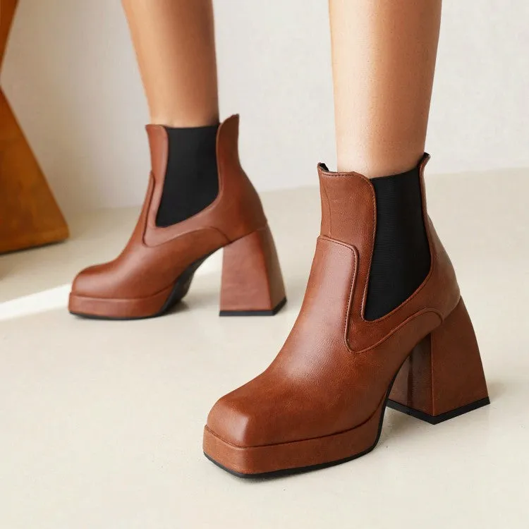 Women's Pu Leather Square Toe Patchwork Block Heel Platform Short Boots