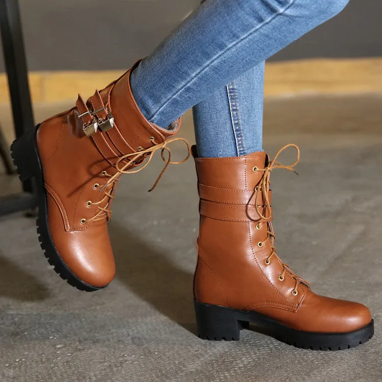 Women's Round Toe Lace Up Buckle Straps Block Chunky Heel Platform Short Boots