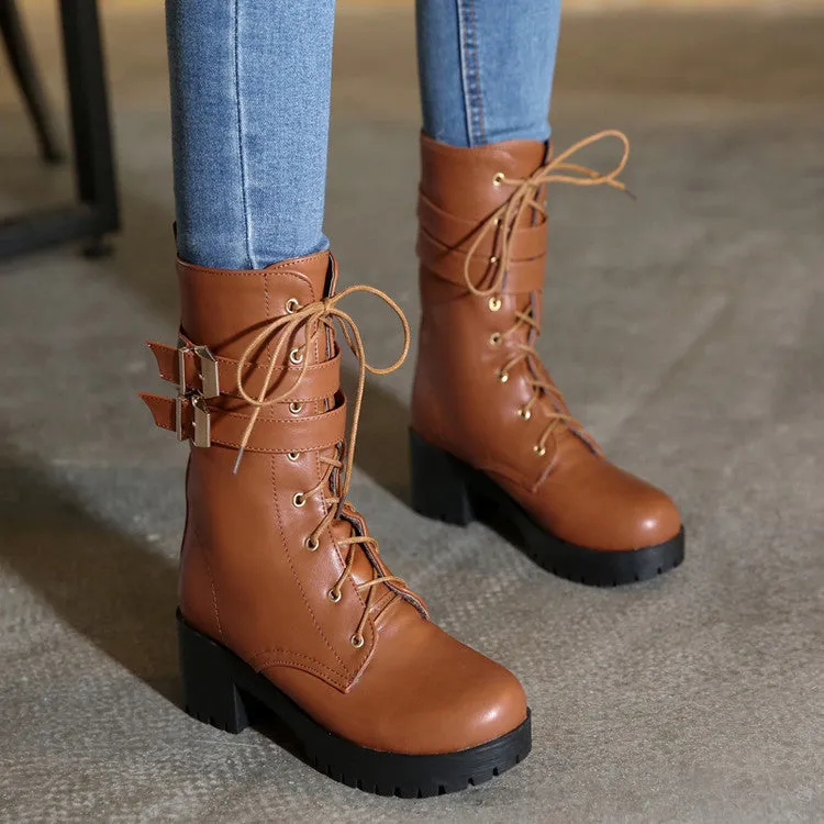 Women's Round Toe Lace Up Buckle Straps Block Chunky Heel Platform Short Boots