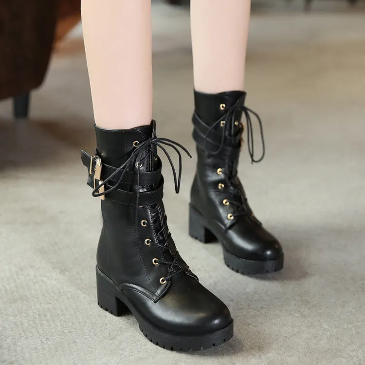 Women's Round Toe Lace Up Buckle Straps Block Chunky Heel Platform Short Boots