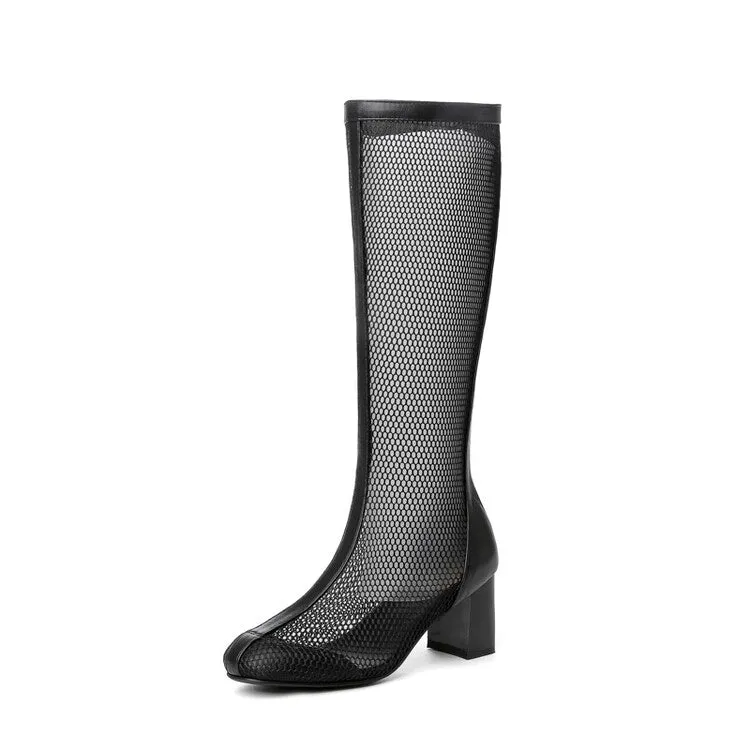 Women's Round Toe Mesh Block Chunky Heel Knee High Boots